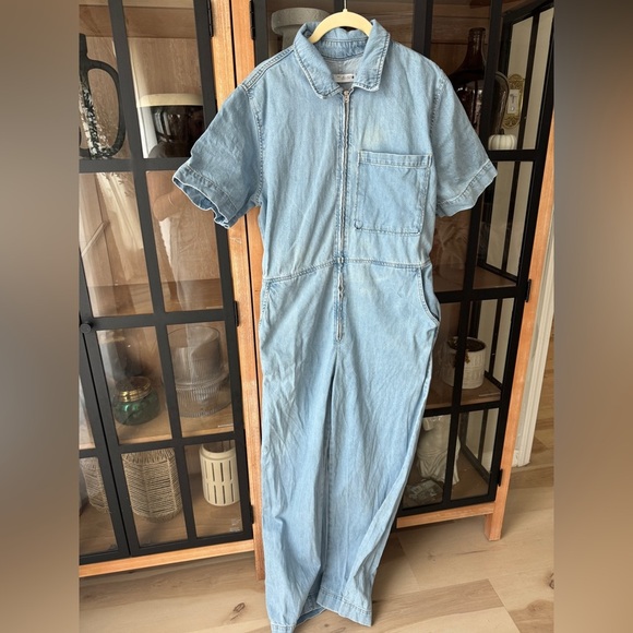 Zara Denim Jumpsuit wide straight leg jeans Zipper Light wash utility 1889/159 - Picture 5 of 11